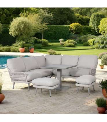 Aiamööblikomplekt MARENDA laud, nurgadiivan ja 2 tumbat, hall/beež