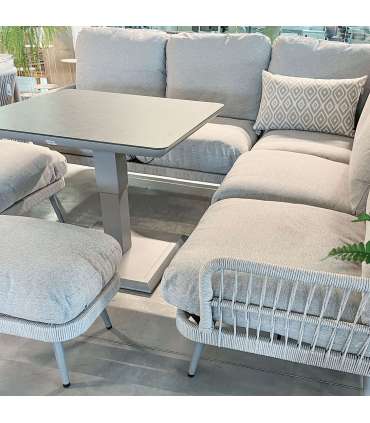 Aiamööblikomplekt MARENDA laud, nurgadiivan ja 2 tumbat, hall/beež