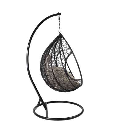Кресло-качалка DROPLET 120x120xH200см, плетение из черного пластика, серые подушки