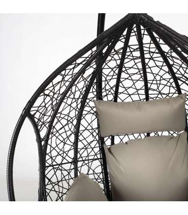 Кресло-качалка DROPLET 120x120xH200см, плетение из черного пластика, серые подушки