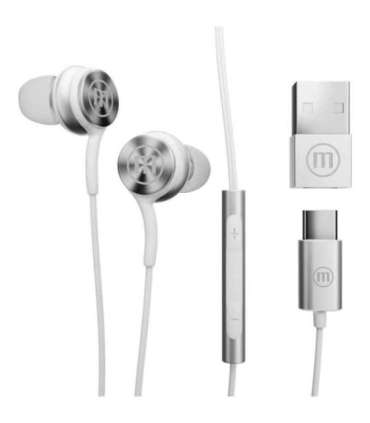Maxell XC1 USB-C wired headphones with USB-A adapter white