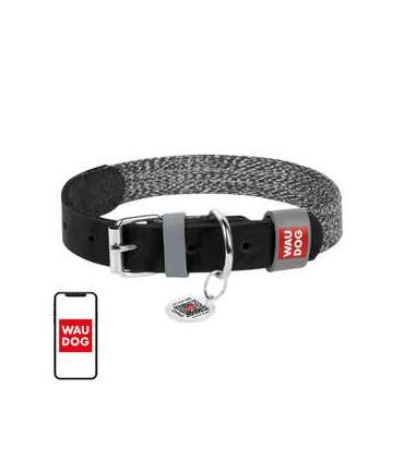 Dog collar made of natural leather and recycled material with QR code Waudog size S, width 15 mm, black