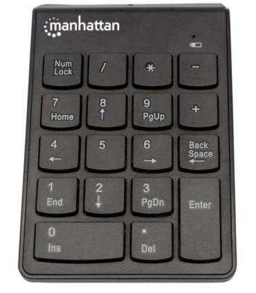 Manhattan Numeric Keypad, Wireless (2.4GHz), USB-A Micro Receiver, 18 Full Size Keys, Black, Membrane Key Switches, Auto