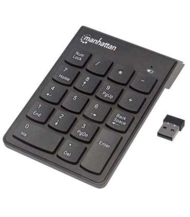 Manhattan Numeric Keypad, Wireless (2.4GHz), USB-A Micro Receiver, 18 Full Size Keys, Black, Membrane Key Switches, Auto
