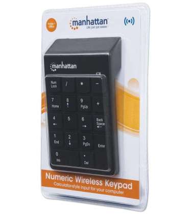 Manhattan Numeric Keypad, Wireless (2.4GHz), USB-A Micro Receiver, 18 Full Size Keys, Black, Membrane Key Switches, Auto