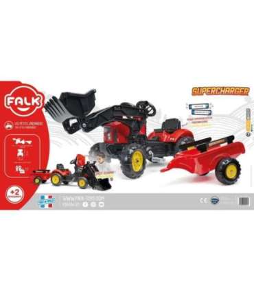 FALK Supercharger mängutraktor, punane, avaneva kapotiga, haagise ja koppiga, alates 2. eluaastast