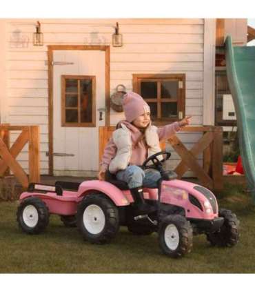 FALK Country Star roosa pedaaltraktor, haagise ja vilega — sobib alates 2. eluaastast