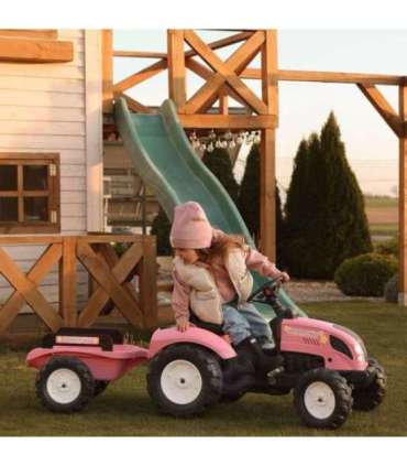 FALK Country Star roosa pedaaltraktor, haagise ja vilega — sobib alates 2. eluaastast