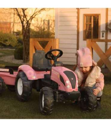 FALK Country Star roosa pedaaltraktor, haagise ja vilega — sobib alates 2. eluaastast