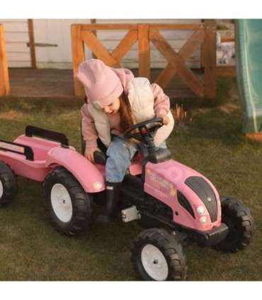 FALK Country Star roosa pedaaltraktor, haagise ja vilega — sobib alates 2. eluaastast