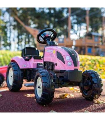 FALK Country Star roosa pedaaltraktor, haagise ja vilega — sobib alates 2. eluaastast