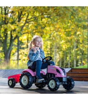 FALK Country Star roosa pedaaltraktor, haagise ja vilega — sobib alates 2. eluaastast