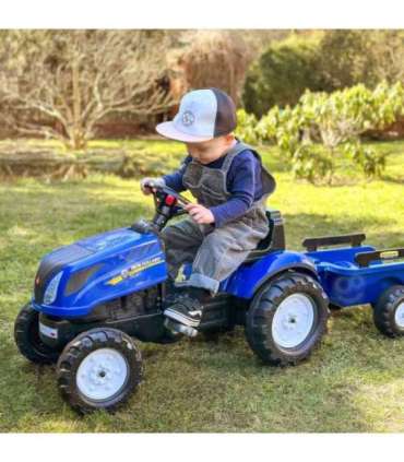 FALK pedaaltraktor New Holland, suur, haagisega ja avatava kapotiga, sobib alates 2. eluaastast