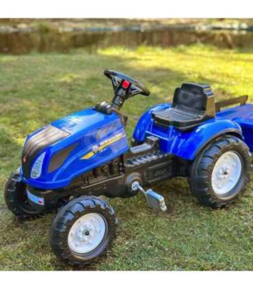 FALK pedaaltraktor New Holland, suur, haagisega ja avatava kapotiga, sobib alates 2. eluaastast