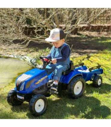 FALK pedaaltraktor New Holland, suur, haagisega ja avatava kapotiga, sobib alates 2. eluaastast