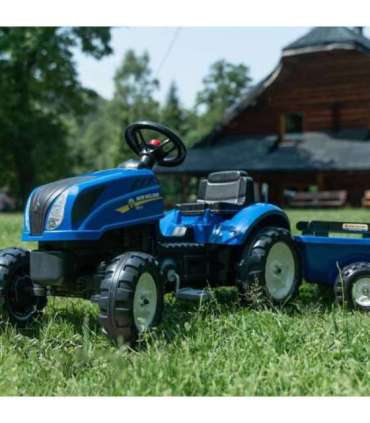 FALK pedaaltraktor New Holland, suur, haagisega ja avatava kapotiga, sobib alates 2. eluaastast