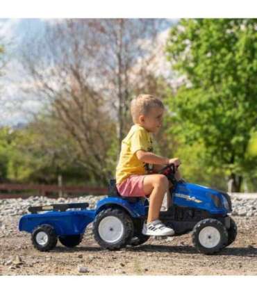 FALK pedaaltraktor New Holland, suur, haagisega ja avatava kapotiga, sobib alates 2. eluaastast