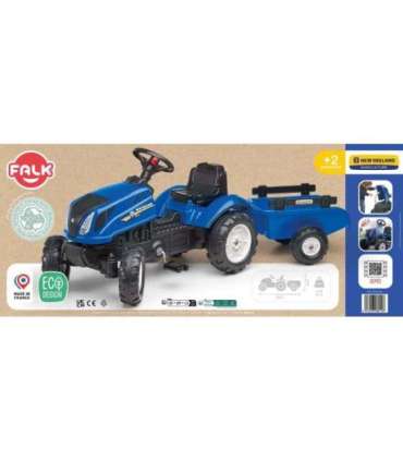 FALK pedaaltraktor New Holland, suur, haagisega ja avatava kapotiga, sobib alates 2. eluaastast