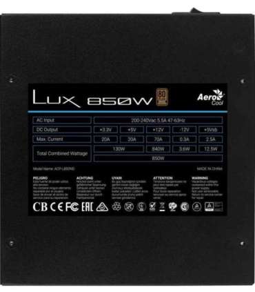 Aerocool LUX850 PC Power Supply 850W 80 Plus Bronze 230V 88% Efficiency Black