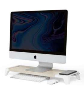 POUT EYES8 - 3-in-1 wooden monitor stand hub with fast wireless charging pad, white