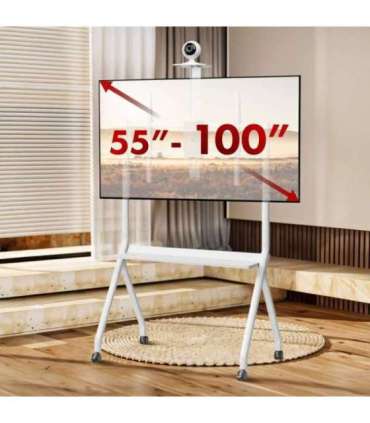 Maclean TV stand / cart, camera shelf, on casters, 55-100", max load 120kg/10kg shelf, max. VESA 900x600, white, MC-114