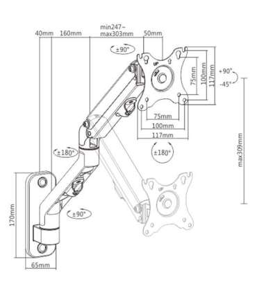 Gembird MA-WA1-02 Adjustable wall display mounting arm, 17”-27”, up to 7 kg