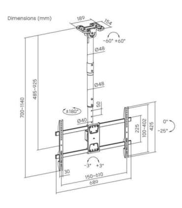 Maclean ceiling mount for TV, max load 60kg, 43-86", max VESA 600x400, MC-112 B