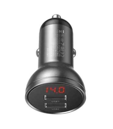 Ładowarka samochodowa Baseus z wyświetlaczem, 2x USB, 4,8A, 24W (szara)