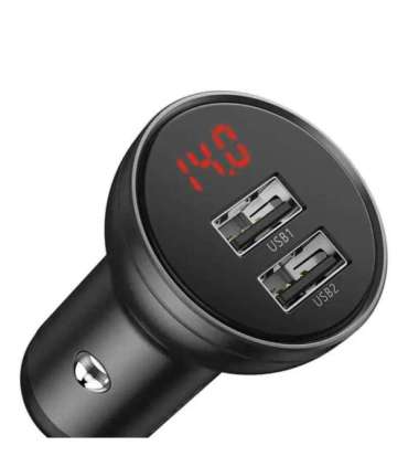 Ładowarka samochodowa Baseus z wyświetlaczem, 2x USB, 4,8A, 24W (szara)