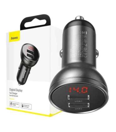 Ładowarka samochodowa Baseus z wyświetlaczem, 2x USB, 4,8A, 24W (szara)