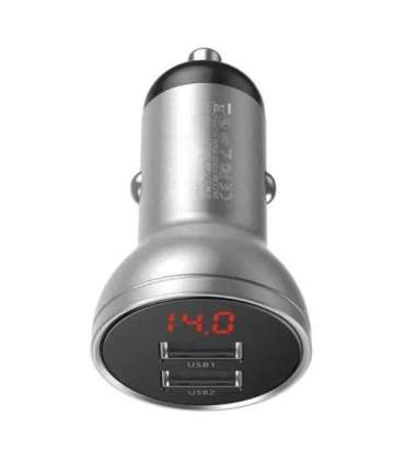Ładowarka samochodowa Baseus z wyświetlaczem, 2x USB, 4,8A, 24W (srebrna)