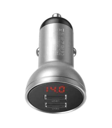Ładowarka samochodowa Baseus z wyświetlaczem, 2x USB, 4,8A, 24W (srebrna)