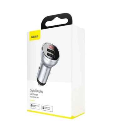 Ładowarka samochodowa Baseus z wyświetlaczem, 2x USB, 4,8A, 24W (srebrna)