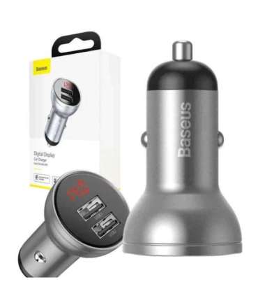 Ładowarka samochodowa Baseus z wyświetlaczem, 2x USB, 4,8A, 24W (srebrna)