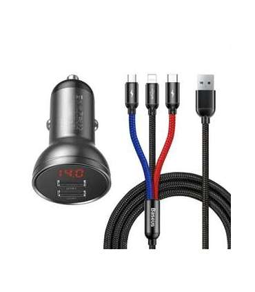 Ładowarka samochodowa Baseus z wyświetlaczem 24W + kabel USB 3w1 Baseus Three Primary Colors 1,2m