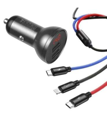 Ładowarka samochodowa Baseus z wyświetlaczem 24W + kabel USB 3w1 Baseus Three Primary Colors 1,2m