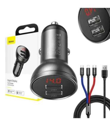 Ładowarka samochodowa Baseus z wyświetlaczem 24W + kabel USB 3w1 Baseus Three Primary Colors 1,2m