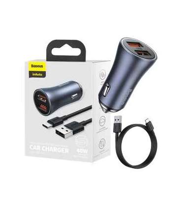 Ładowarka samochodowa Baseus Golden Contactor Pro, 2x USB, 40W (szara) + kabel USB do USB-C 1m (czarny)