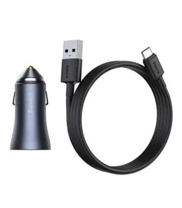 Ładowarka samochodowa Baseus Golden Contactor Pro, 2x USB, 40W (szara) + kabel USB do USB-C 1m (czarny)