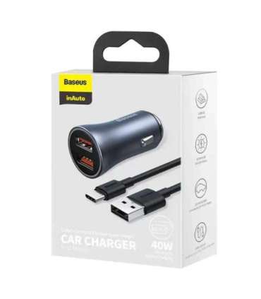 Ładowarka samochodowa Baseus Golden Contactor Pro, 2x USB, 40W (szara) + kabel USB do USB-C 1m (czarny)