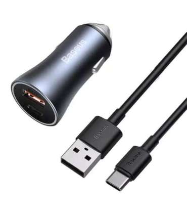Ładowarka samochodowa Baseus Golden Contactor Pro, USB + USB-C, QC4.0+, PD, SCP, 40W (szara) + kabel USB do USB-C 1m (czarny)