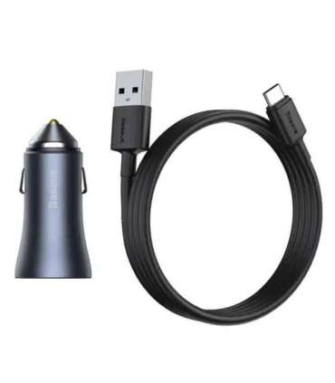 Ładowarka samochodowa Baseus Golden Contactor Pro, USB + USB-C, QC4.0+, PD, SCP, 40W (szara) + kabel USB do USB-C 1m (czarny)