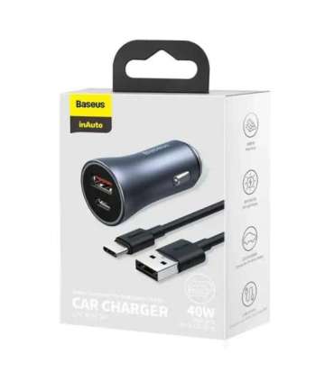 Ładowarka samochodowa Baseus Golden Contactor Pro, USB + USB-C, QC4.0+, PD, SCP, 40W (szara) + kabel USB do USB-C 1m (czarny)