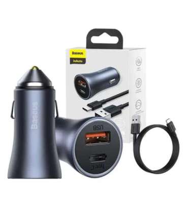 Ładowarka samochodowa Baseus Golden Contactor Pro, USB + USB-C, QC4.0+, PD, SCP, 40W (szara) + kabel USB do USB-C 1m (czarny)