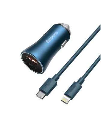 Baseus Golden Contactor Pro car charger, USB + USB-C, QC4.0+, PD, SCP, 40W (blue) + USB-C - Lightning cable 1m (blue)