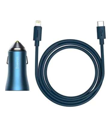 Baseus Golden Contactor Pro car charger, USB + USB-C, QC4.0+, PD, SCP, 40W (blue) + USB-C - Lightning cable 1m (blue)
