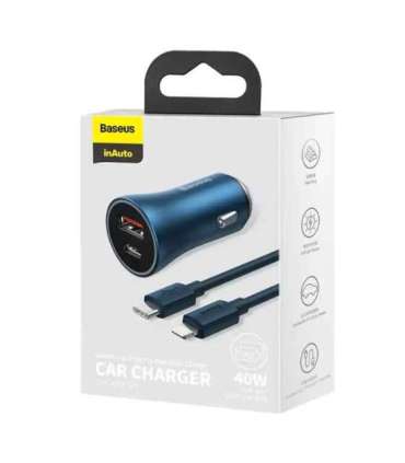Baseus Golden Contactor Pro car charger, USB + USB-C, QC4.0+, PD, SCP, 40W (blue) + USB-C - Lightning cable 1m (blue)