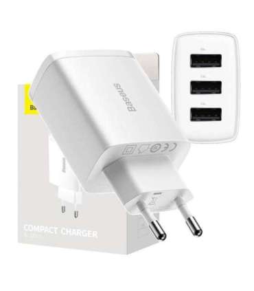 Baseus Compact Quick Charger, 3x USB, 17W (White)