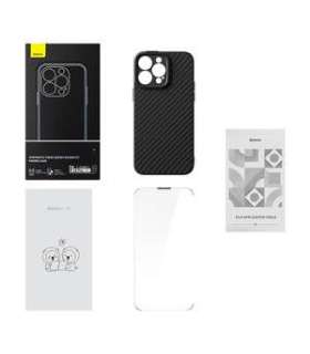 Magnetic Case Baseus Synthetic Fiber Series for iPhone 14 Pro (black)+ tempered glass + cleaning kit