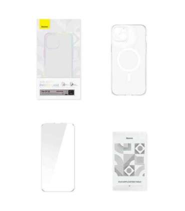 Phone case Baseus Magnetic Crystal Clear for iPhone 13 (transparent) with all-tempered-glass screen protector and cleaning kit